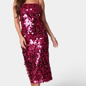 Hot Pink Sequined Bebe Midi Dress.